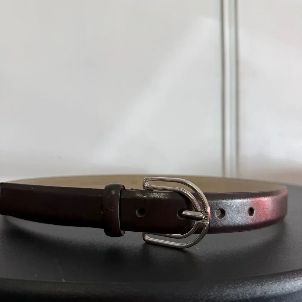 Nine West Dark Brown Genuine Leather Belt Women’s S/M Silver Double Loop Buckle